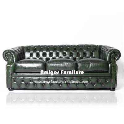 China Retro Antique Green Tufted Living Room 3 Seater Chesterfield Sofa Vintage Leather Sofa Set for sale