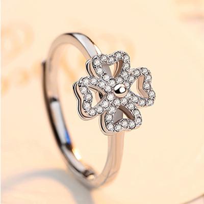 China Romantic 925 Sterling Silver Adjustable Rotating High Carbon Diamond Ring Four Leaf Clover Ring Temperament for sale