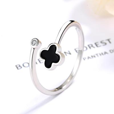 China Black Female Simple Classic Clover Agate S925 Sterling Silver Romantic Open Ring for sale