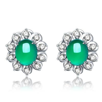 China Cute Fashion Simple Green Jade with Zircon Plating 925 Sterling Silver Micro Inlaid Palace Culture Ear Studs Women's Jewelry for sale