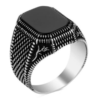 China Factory Wholesale 925 Retro Agate Romantic Silver Natural Black Men's Ring Square for sale