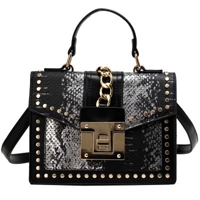 China 2021 new fashion snakeskin small cross-body shoulder rivet bag female bag shiny three-dimensional square single chain strap for sale