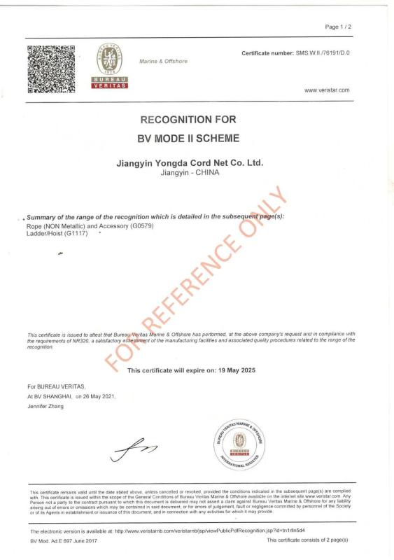 RECOGNITION FOR BV MODE II SCHEME - Jiangyin Yongda Cord Net Co., Ltd.