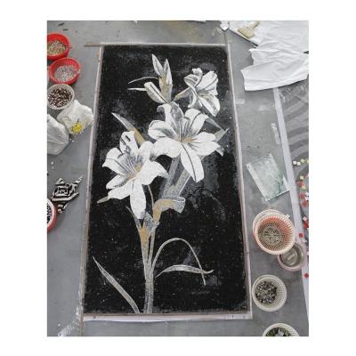 China ZF Parquet Customized Mosaics Pattern Flower Mosaic Stone Slab Black And White Mural For Wall Or Floor Decor Made In China for sale