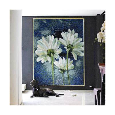 China ZF Parquet Customized Beautiful Chrysanthemum Flower Mosaic Slab Handcut Art Glass Mosaic Mural For Wall Decor for sale