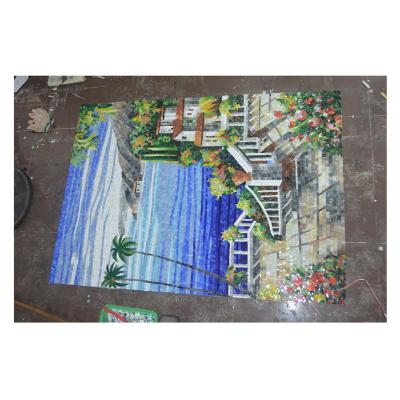 China Factory Price Parquet ZF Seaside Landscape Architecture Oil Painting Art Glass Wall Panel 100% Hand Cut Luxury Wall Mosaic Tiled Murals for sale