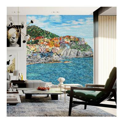 China ZF Parquet Customized Seaside City Oil Painting Ice Jade Glass Mosaic Hand Cut Glass Mosaic Slab Mosaic Mural Wall Painting Glass Patterns of art for sale