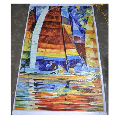 China Parquet ZF Customized Oil Colored Sailboats Paintings Glaze Jade Slab Glass Mosaic Patterns Custom-Order Mosaic Painting Wall Art Mural for sale