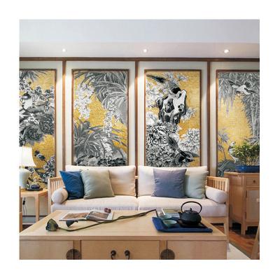 China ZF Parquet gold mosaic slab background bamboo and chrysanthemum orchid flower and bird wall pattern for wall decor for sale