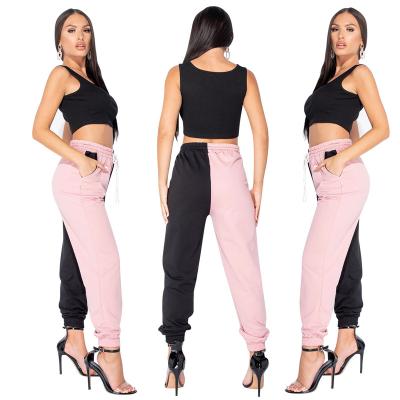 China Anti-wrinkle summer crop running sweat joggers bottoms solid pink and black 100% cotton two toned pants women for sale