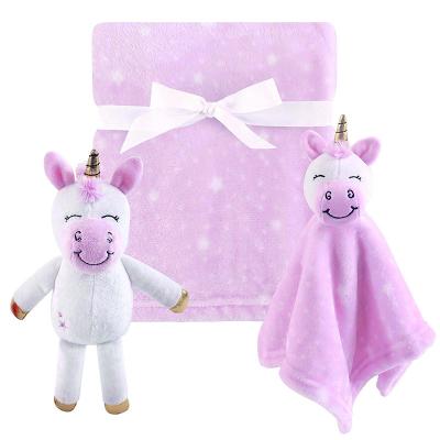 China Animal Head Unicorn Baby Plush PORTABLE Super Soft Fabric Blanket with Safety Blanket Toy for sale