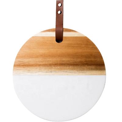 China Pizza Viable White Marble Panel Wooden Cutting Board Wooden Serving Tray for sale