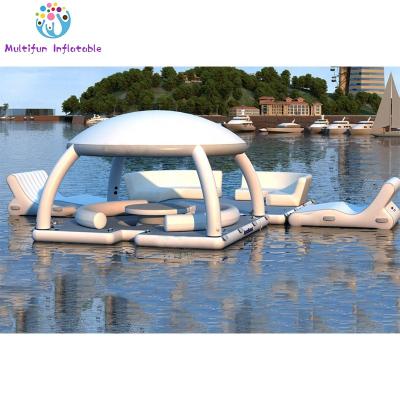 China Best 0.90mm PVC tarpaulin/DWF material 2021 new style inflatable floating deck lounge water island for sale