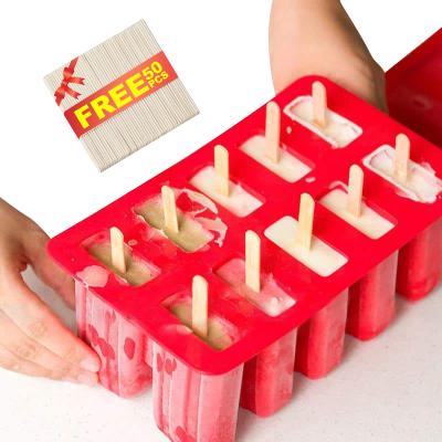 China Food Grade Viable Soft Silicone 10 Cavity Soft Silicone Ice Popsicle Mold DIY Freezer Homemade Ice Cream Mold With 50pcs Wooden Sticks for sale