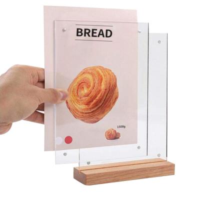 China Promotion Gift A4 A5 A6 Size Wood Display Stand Multi Clear Acrylic Wooden Menu Holder for sale