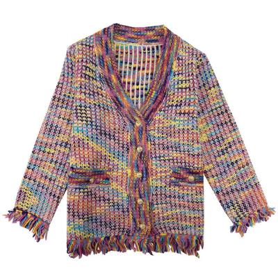 China Anti-wrinkle V-neck rainbow color knitted oversized tassel cardigan thick two pockets women's knitted cardigan coat for sale