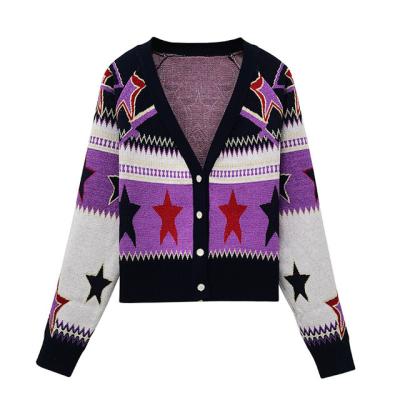 China Automatic Anti-Wrinkle Sweater Machine Knitting V-Neck Star Pattern Logo Sweater Cardigan Women Custom Jacquard Knit for sale