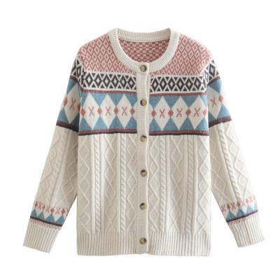 China 2022 Anti-wrinkle hot sales computer knit round neck plaid and cable women cardigan custom OEM knitted sweater for sale