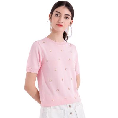 China Latest Design Anti-wrinkle Beading Simple Color 2023 Summer Women Custom Tops Embroidery Crewneck Sweaters Short Sleeve Sweaters for sale