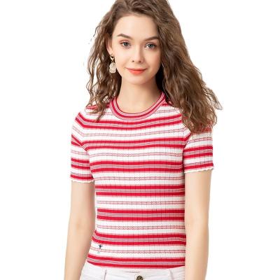 China 2022 Custom Women Sweater Knitwear Stripe Jumper Pullover Women Color Contrast Sweater Logo Crew Neck Short Sleeve Anti-wrinkle for sale