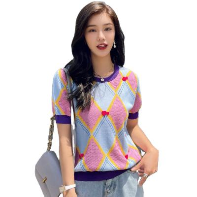 China Hot Selling Anti-Wrinkle OEM ODM Summer Ladies Sweater Tops Crew Neck Shorts Sheaths Knitted Plaid Pullover Sweater Knit Women for sale