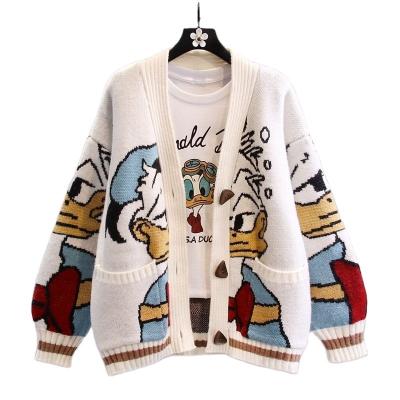 China wholesale price women cardigan winter sweaters ladies coat Duck Pattern Jacquard Knitted Sweater cartoon new trends Anti-wrinkle retro for sale