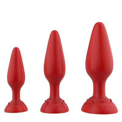 China Skin Friendly Male Prostate Massage Rose Cone Three Piece Silicone Suction Butt Plug Masturbation Anal Butt Plugs for Men for sale