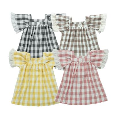 China Boutique Girls Sleeve Dress Summer Toddler Breathable Short Plaid Woven Girls Dresses With Lace for sale