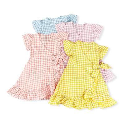 China Fashion Breathable Kids Clothes Lovely Plaid Toddler Girl Summer Pleated Dresses With Bow for sale