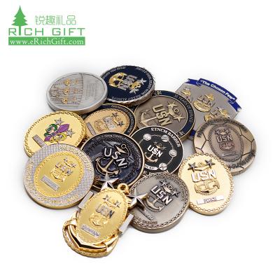 China Bulk Cheap Europe 3D LOGO Custom Metal Stamping Marine Corps Military Office Navy Enamel Gold Army USN Chief Challenge To Invent No Minimum for sale