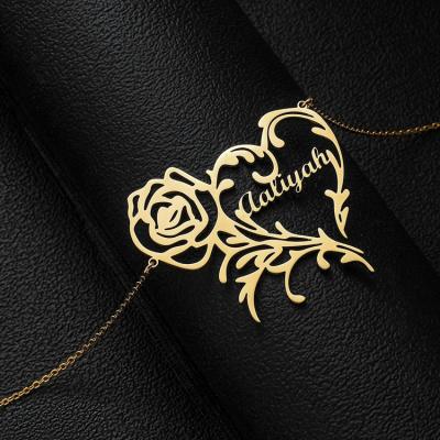 China NUORO FASHIONABLE Women's European and American Lovers Couple Custom Heart Rose Flower Pendant Necklace Jewelry Gift Gold Letter Name for sale