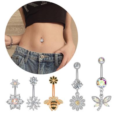 China NUORO CLASSIC Cute Bee Belly Piercings For Women Surgical Steel Belly Button Rings Flower CZ Crystal Belly Button Rings for sale