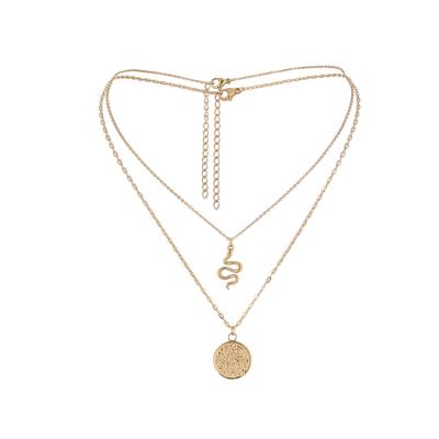 China New Trendy NUORO Fashion Stainless Steel Choker Contracted Pendant Necklace Women Jewelry Retro Gold Multilayer Tasty Round Snake Coin for sale