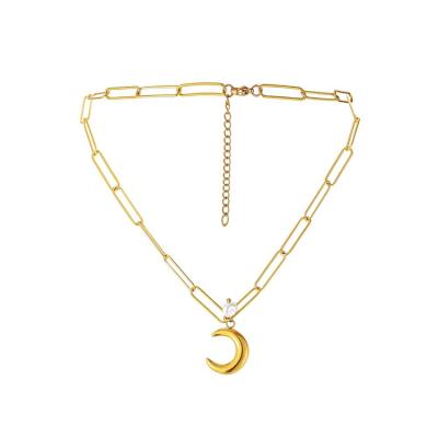 China FASHIONABLE NUORO Temperament Vintage Stainless Steel Paper Clip Chain Choker Pearl Gold Half Crescent Moon Pendant Necklace for Women Girls for sale