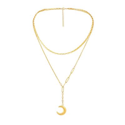 China NUORO Women Jewelry FASHIONABLE Creative Multilayer Stainless Steel Y Chain Delicate CZ 18k Gold Plated Half Crescent Moon Pendant Necklace for sale