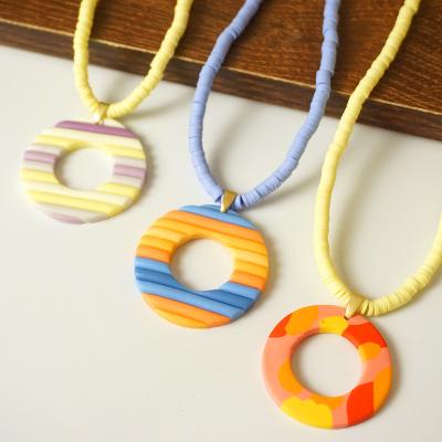 China NUORO CLASSIC Hot Selling Small Disc Summer Jewelry Bohemian Casual Geometric Pendant Clay Color Pottery Necklace for sale