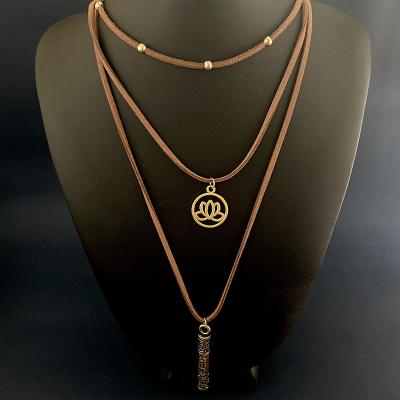 China CLASSIC Bohemian Multi Layer Rope Necklace Healing Leather Elements Copper Golden Circle Lucky Pendant National Style for sale