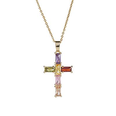 China Fashion Color Zircon Necklace Jewelry European and American Simple Cross Pendant Female Gold Plated Cross Necklace CLASSIC for sale