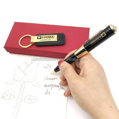 China Promotional factory price custom ballpoint pen 2 in gold gift box 32gb usb key drive chained flash pen, flash drive usb for sale