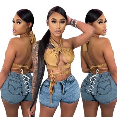 China M1134 summer lace up string shorts 2021 wear women high waist jeans pocket breathable stretch denim shorts for sale