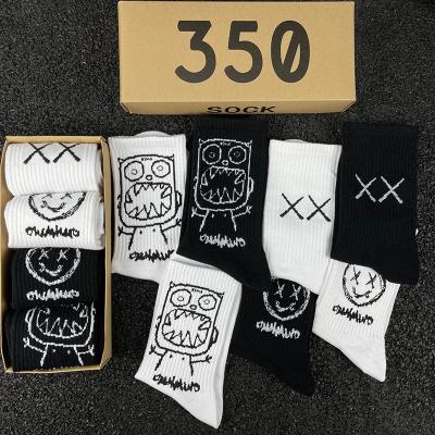 China Breathable Japanese Cotton Cartoon Hip Hop Pattern Style Breathable Mid Tube Socks Skateboard Socks 4 Pairs Long /box Soft Socks For Men for sale