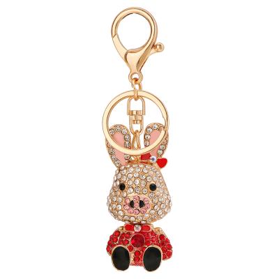 China New Crystal+Metal Jewelry Rhinestone Alloy Crystal Cute Pendant Metal Key Chains Bow Tie Rabbit Pig Kawaii Key Chain For Women Party Gifts for sale