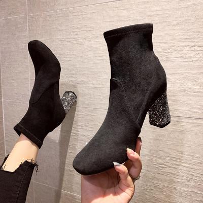 China Breathable Wholesale fashion round toe square heel glitter new fall winter woman ankle heels boots for sale