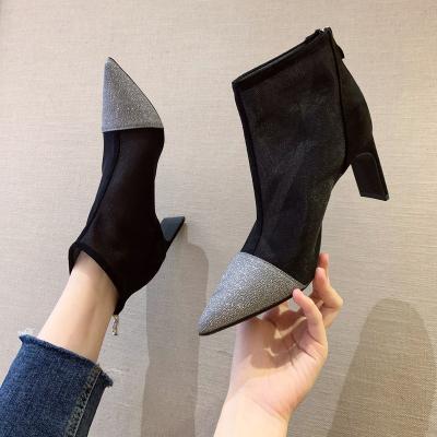 China Wholesale Breathable Women's Sexy Black Pointed Toe Boots Chunky Glitter High Heel Ankle Boots for sale