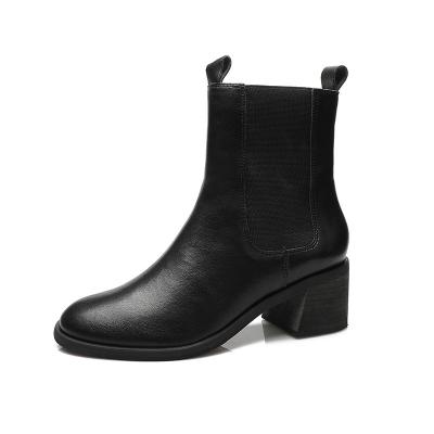 China Wholesale Custom Genuine Leather Thick Heel Anti-slippery Around The Toe Woman Ladies High Heel Ankle Boots for sale