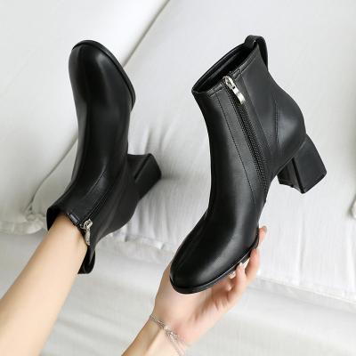 China Custom Made Wholesale Anti-slippery Zipper Round Toe Fashion Women Ladies Round Toe Ankle Boots Shoes Thick Heel Custom Made for sale