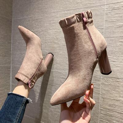 China Breathable Wholesale Custom Fashion Side Zipper Pointed Toe Thick Heel Women Heel Ankle Boots Shoes for sale