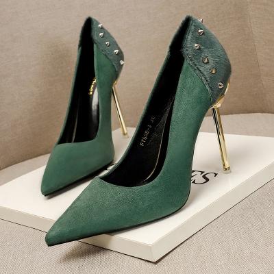 China New Design Point Rivet Point Thin Heel Women Ladies Single High Heel Pumps Shoes Mouth Anti-skid Shallow for sale