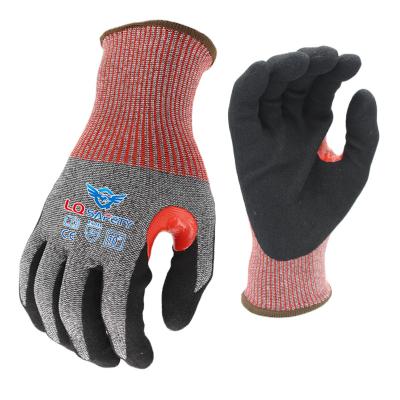 China Nitrile Sandy 13 Gauge Knit Cut Level 5 Cut Resistant A5 Gloves With NBR Crotch Patch Palm Nitrile Sandy Safety Gloves for sale