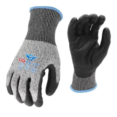 China Cheap Industrial 13G Anti-Cut HPPE Knitted Level 5 Cut Resistant PU Palm Coated Gloves for sale